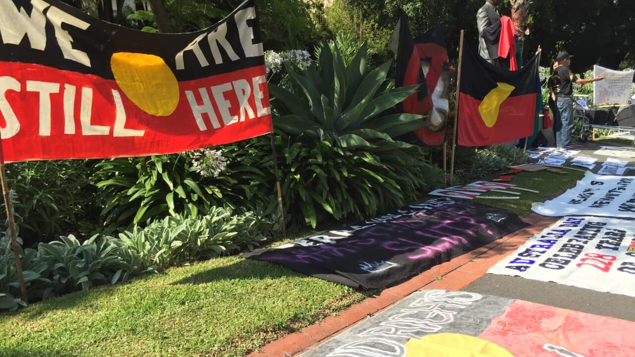 File image of banners created by Indigenous Australians on Australia Day