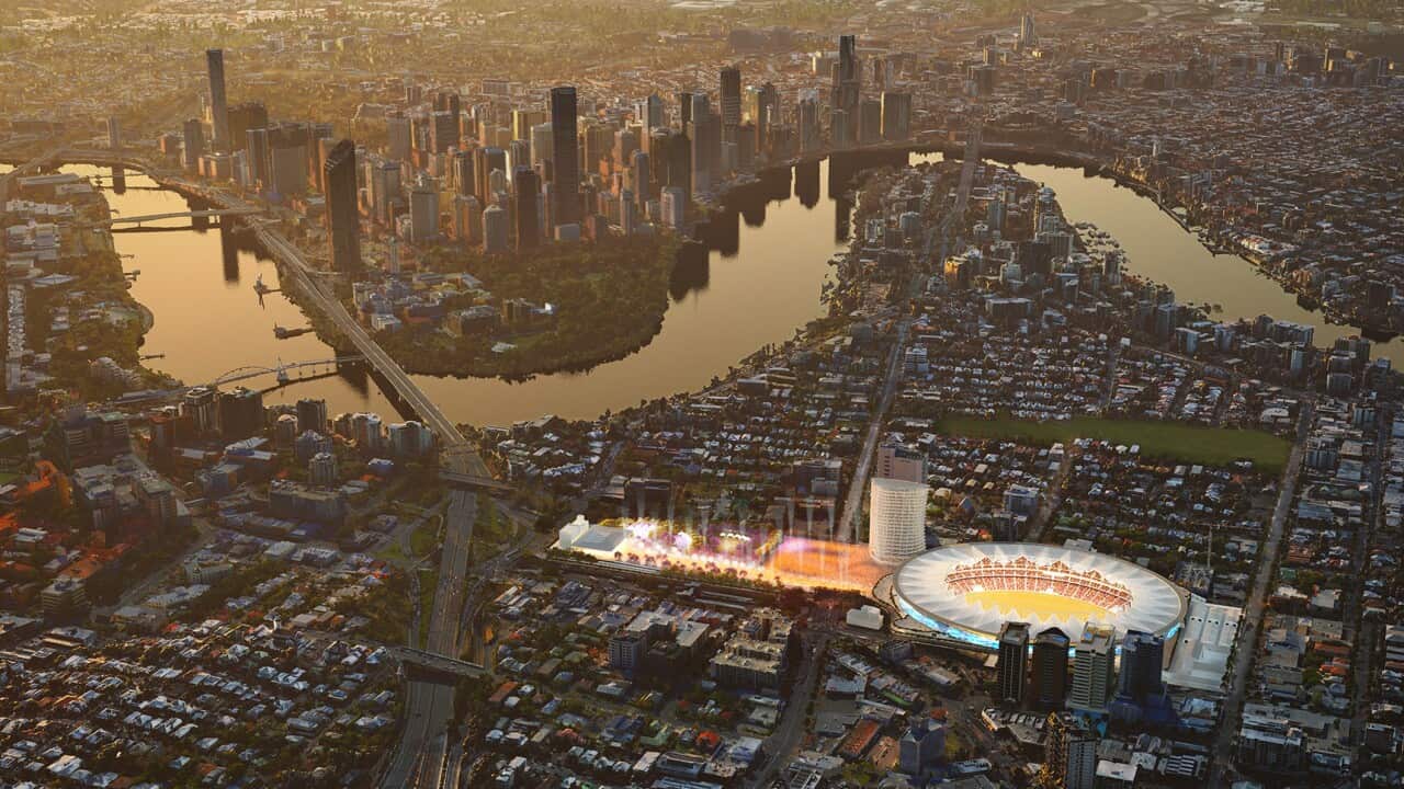 Proposed new Gabba Stadium in Brisbane with pedestrian plaza.