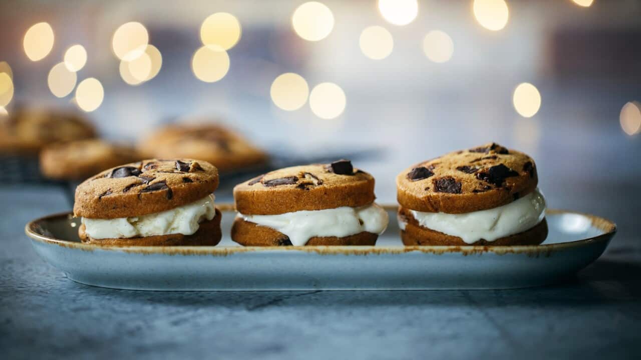 Chocchip cookie ice cream sandwiches SBS The Cook Up with Adam Liaw