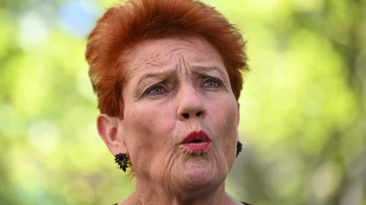 Pauline Hanson speaking while standing outside.