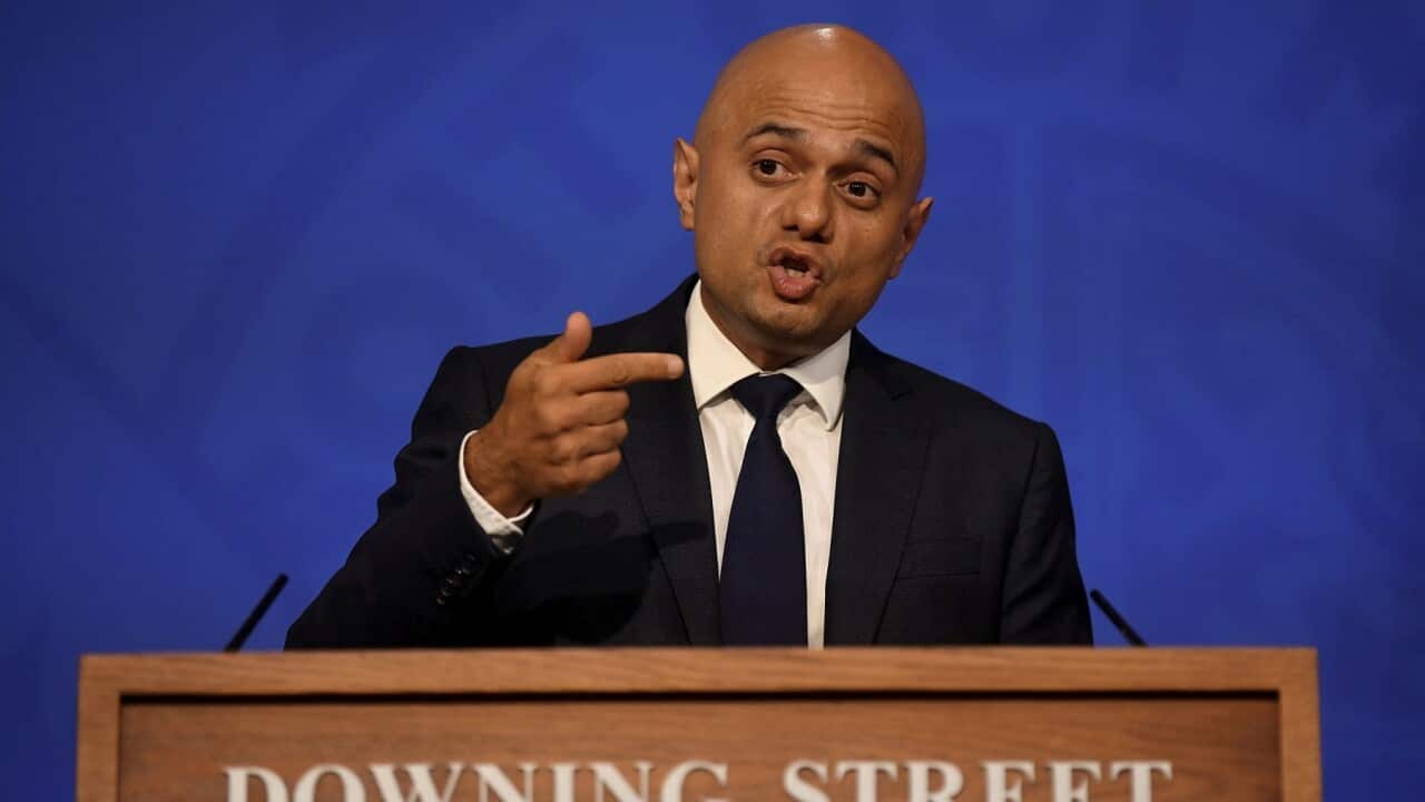 Britain's Health Secretary Sajid Javid speaks during a media briefing in Downing Street