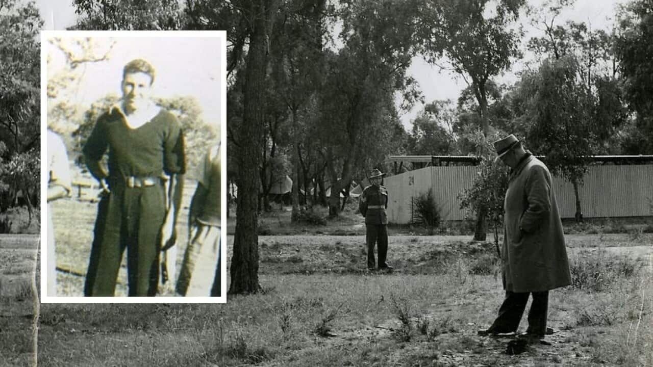Scene of shooting. Photograph of Homicide Detective Adam standing at the location where Bartoli was shot. (Inset: Rodolfo Bartoli) 
