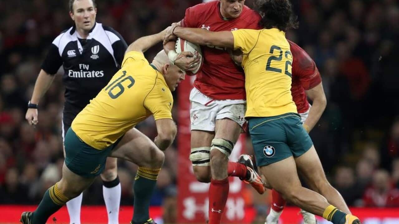 Aaron Shingler hits the Wallabies' line.