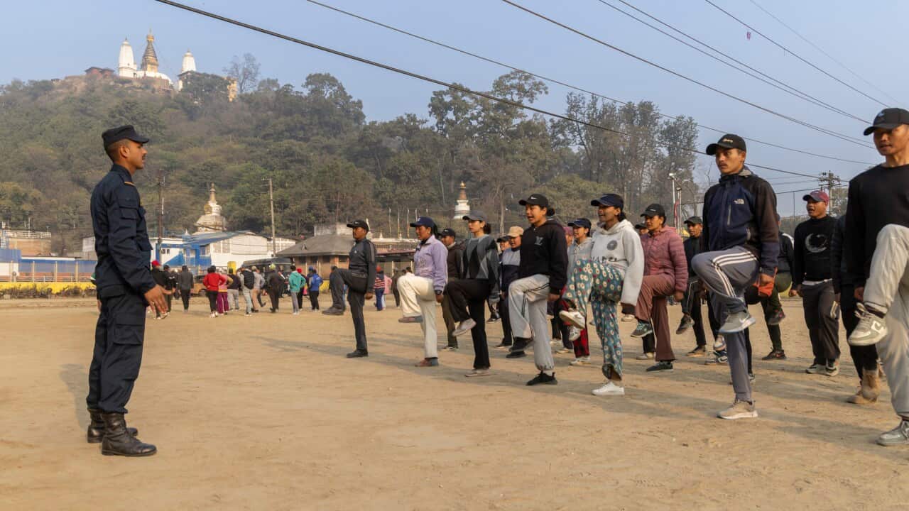 Nepali civilians take part in physical training in Kathmandu on 10 February 2026, preparing to work as security forces for the upcoming parliamentary election.