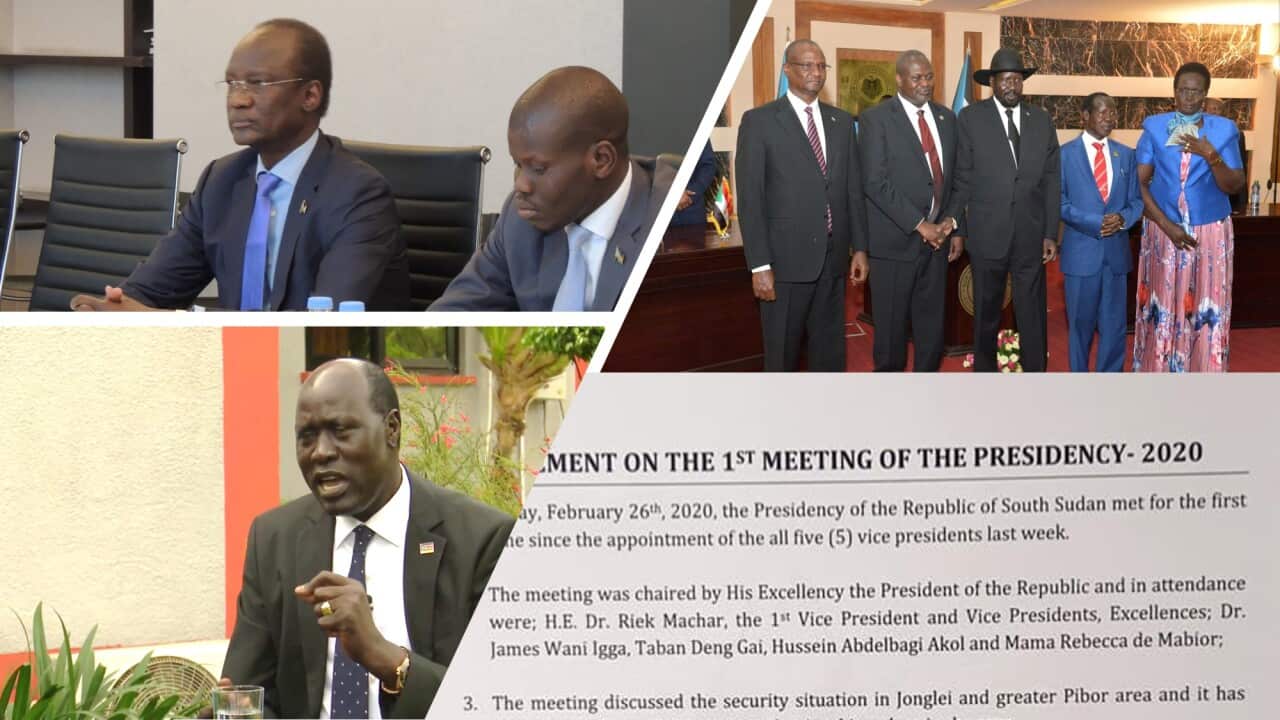From Left: Telar Deng, President Kiir with four Vice Presidents and James Kok.