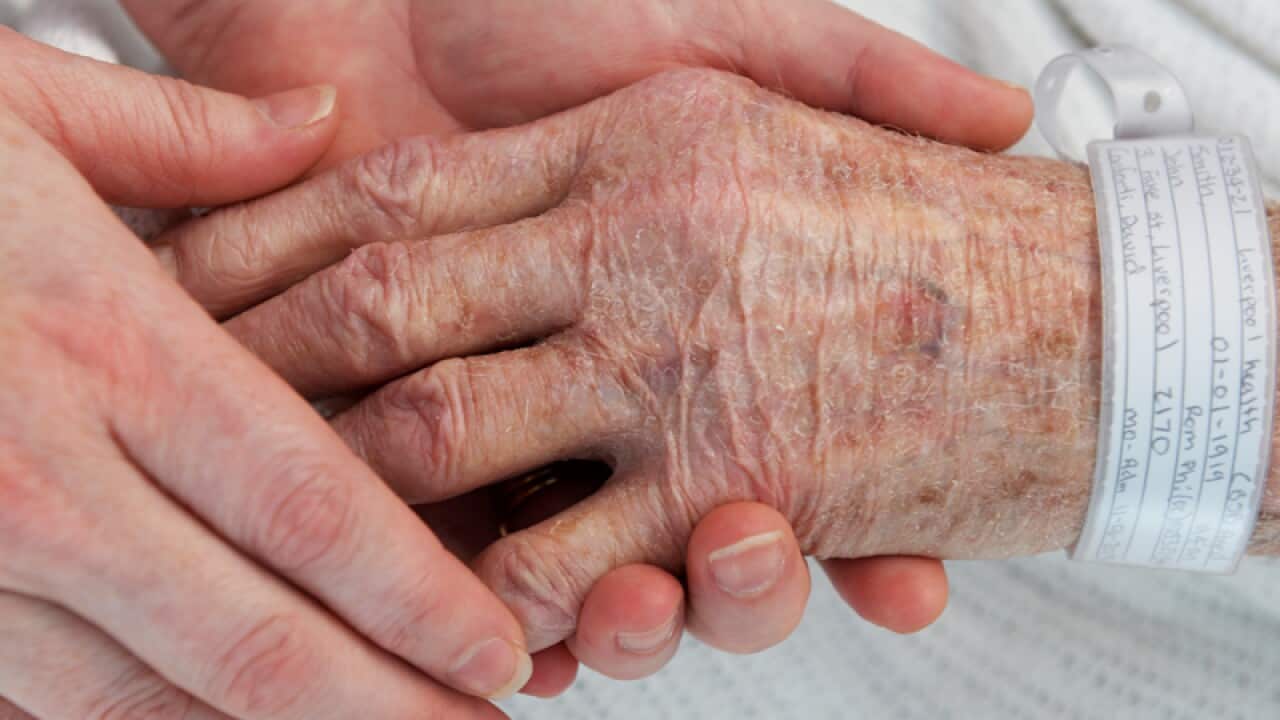 A nurse holds the hand of an elderly patient.