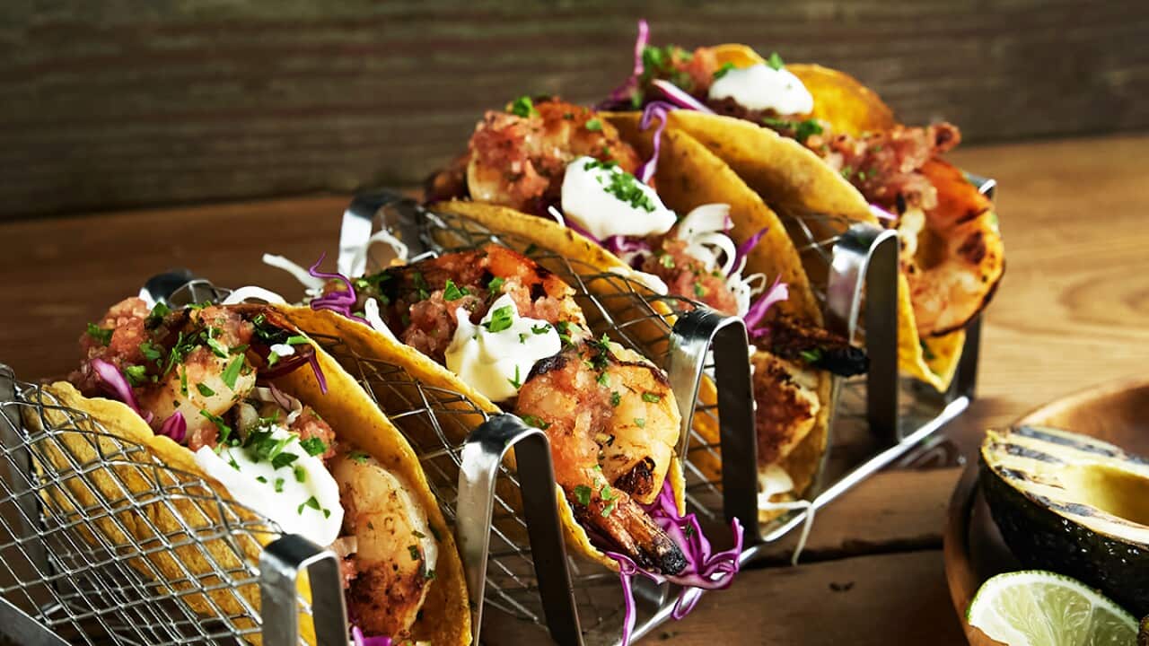 Four filled tacos, loaded with prawns, red cabbage, salsa and sour cream, sit in a wave-shaped metal taco holder on a wooden table top.
