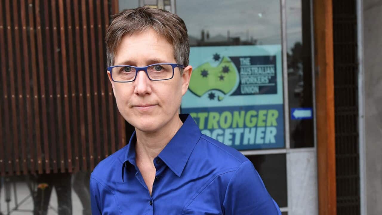 ACTU secretary Sally McManus is seen at the offices of the Victorian brach of the AWU in west Melbourne, Tuesday, October 24, 2017. Australian Federal Police officers raided the AWU headquarters in Sydney and Melbourne simultaneously on Tuesday evening.