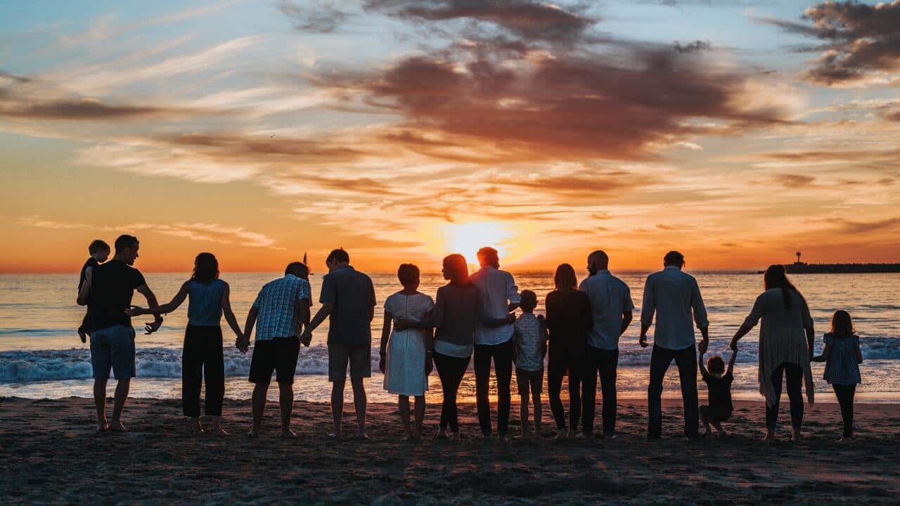 People standing on shore during golden hour