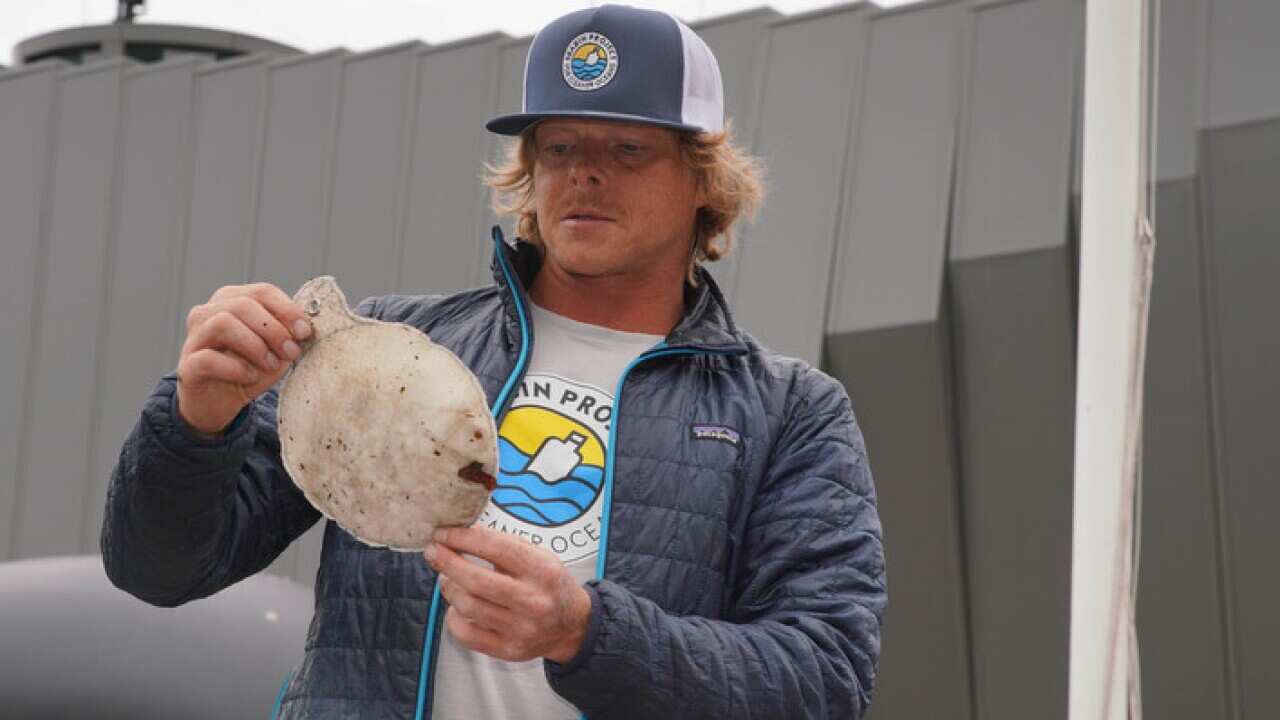Seabin Project's Peter Celglinski holds up rubbish collected by a seabin (AAP)