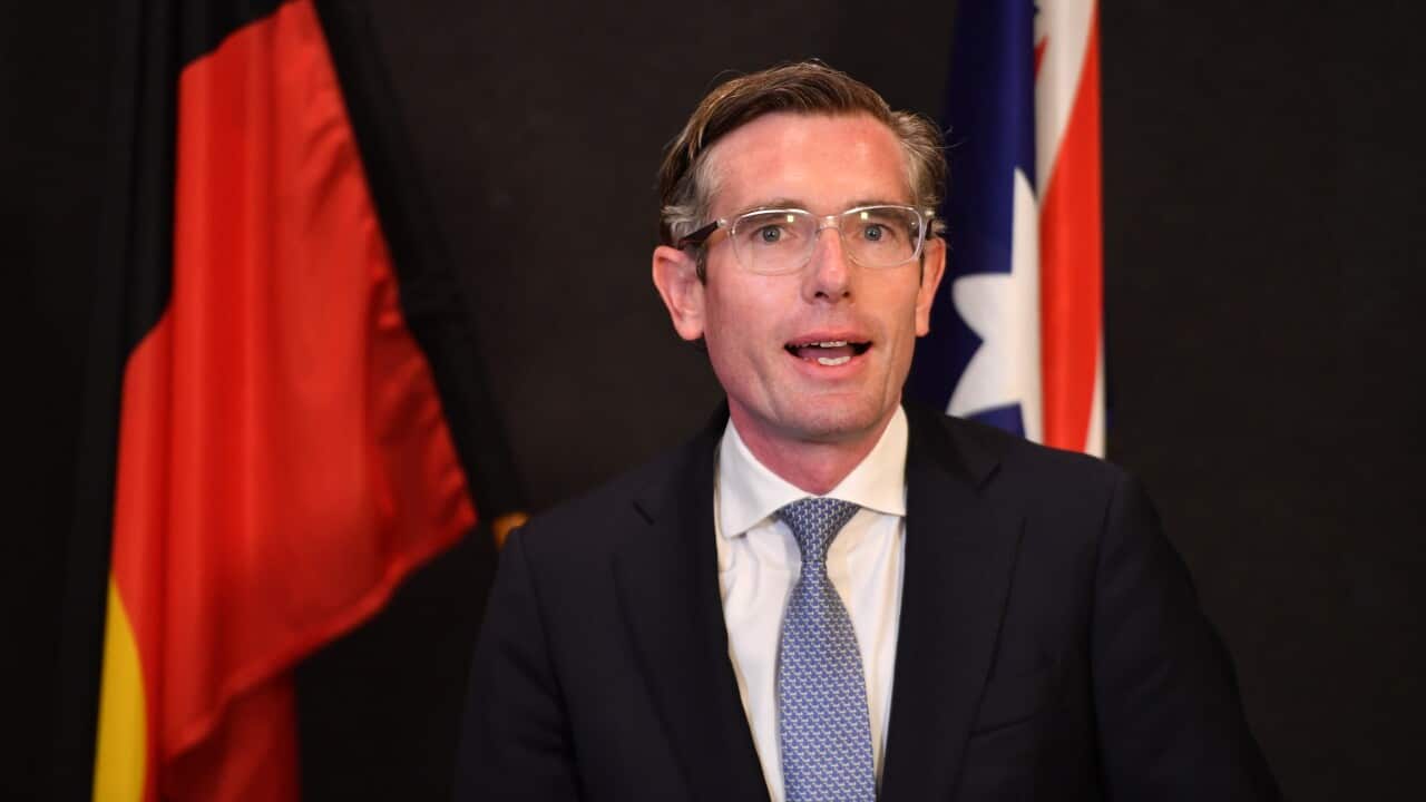 Premier Dominic Perrottet during a press conference at NSW Parliament House in Sydney.
