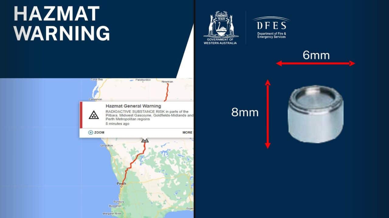 A composite image shows a map of WA shows the route where the capsule was lost. It also shows the size of capsule, which is about the size of a 10 cent coin.