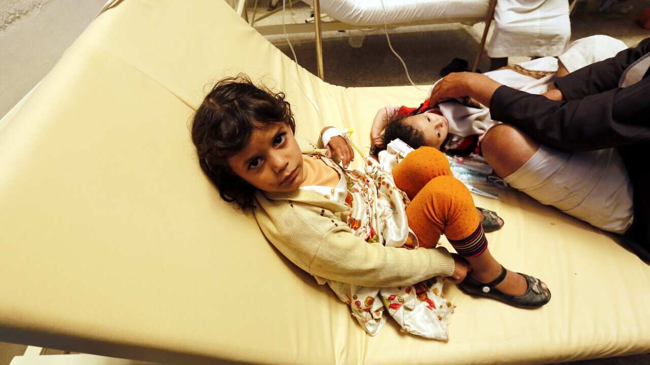 Yemeni children, with cholera symptoms, receive medical care at a hospital in Sana'a, Yemen, 20 May 2017.