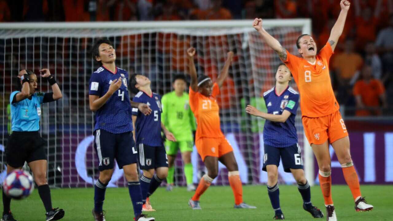 Netherland's players celebrate after winning the FIFA Women's World Cup round of 16 match against Japan in Rennes, France on June 25, 2019. ( The Yomiuri Shimbun via AP Images )