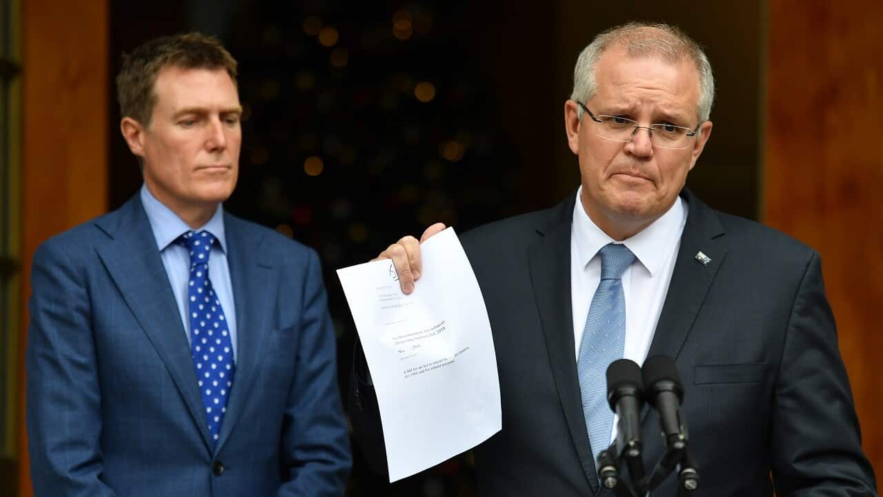 Attorney-General Christian Porter and Prime Minister Scott Morrison speak on religious freedom and gay students on Wednesday.