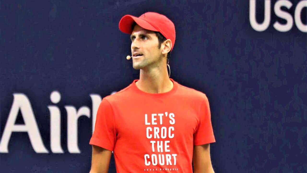 Novak Djokovic at the 2018 Arthur Ashe Kids' Day held on August 25, 2018 prior to the start of The US Open Tennis Championships in New York City.