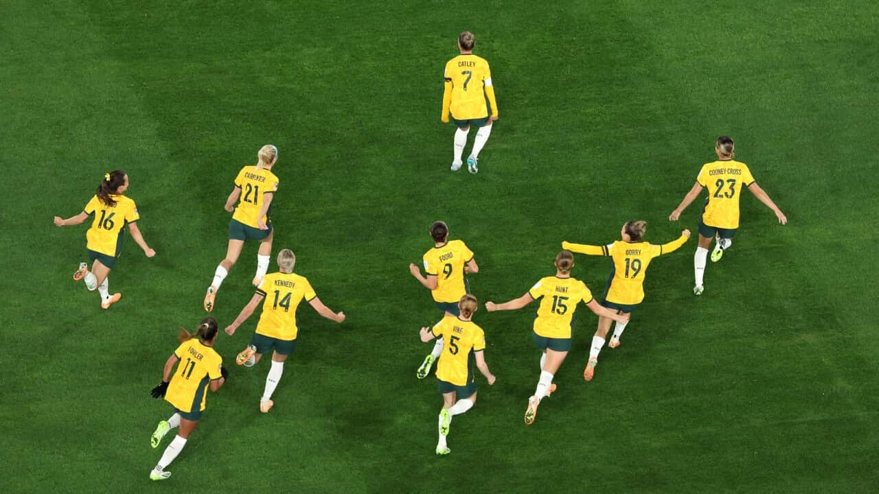 Matildas players take to the field as seen from above. The number and name on the players' jerseys can be seen. 