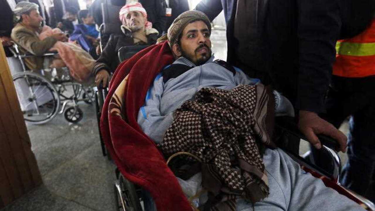 Wounded Houthi fighters wait to be evacuated from the Sana'a International Airport ahead of upcoming peace talks.
