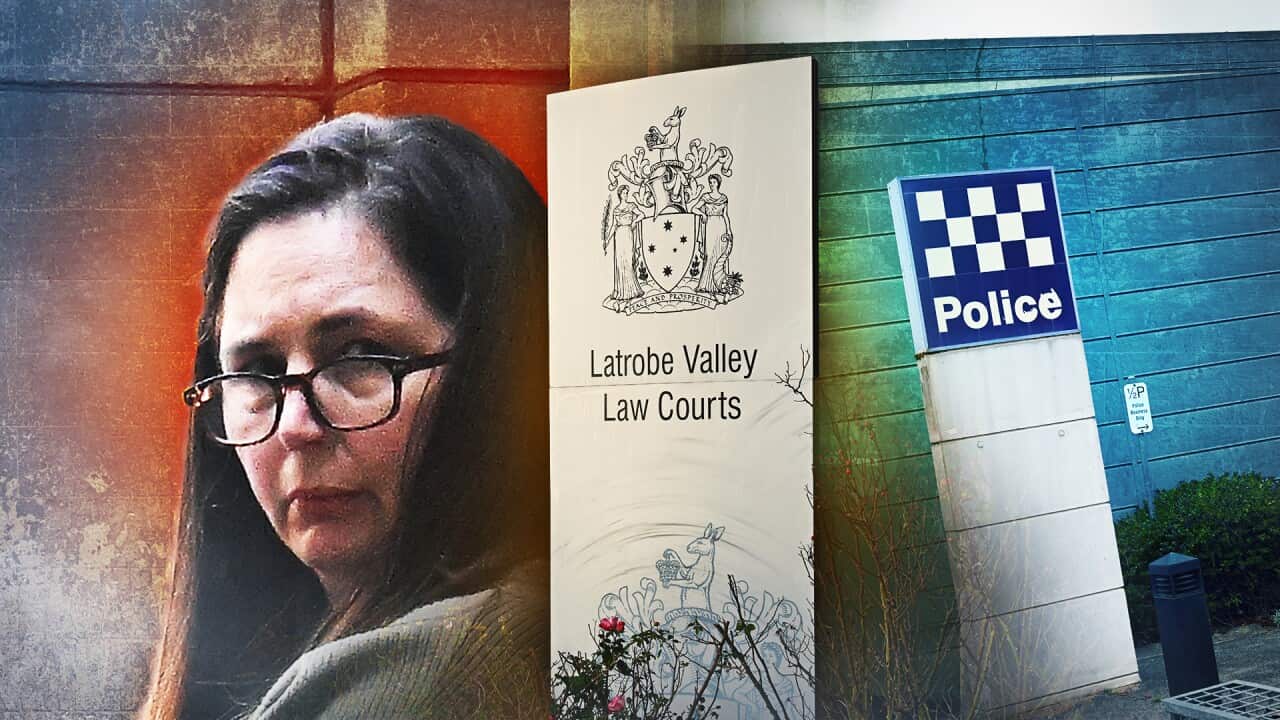 A woman, a court panel and a police sign