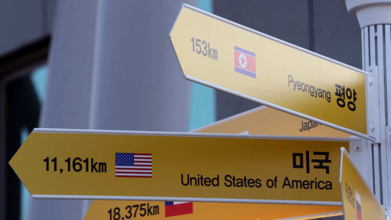 A sign to North Korea's capital Pyongyang,