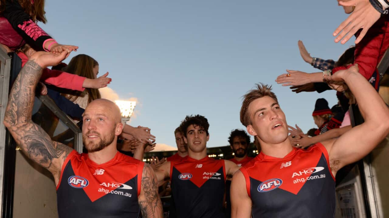 Melbourne co-captains Nathan Jones (L) and Jack Viney