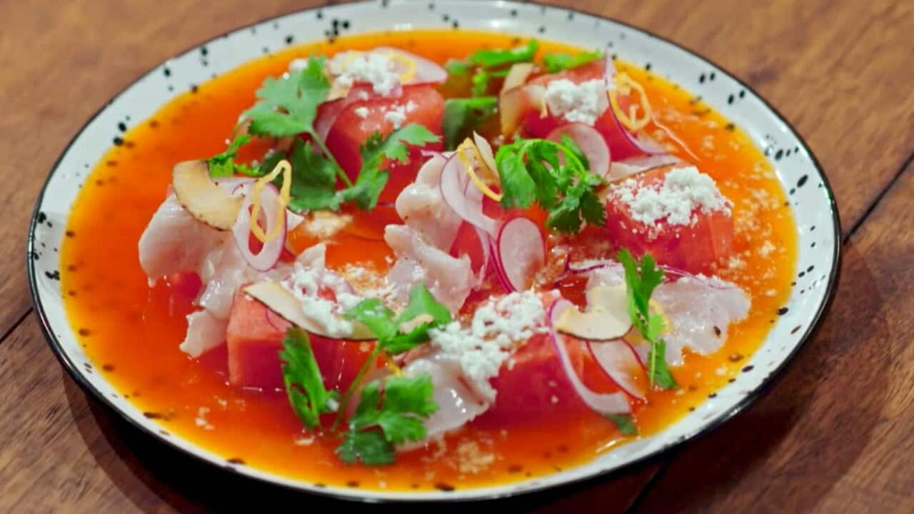 Kingfish aguachile with watermelon and coconut granita