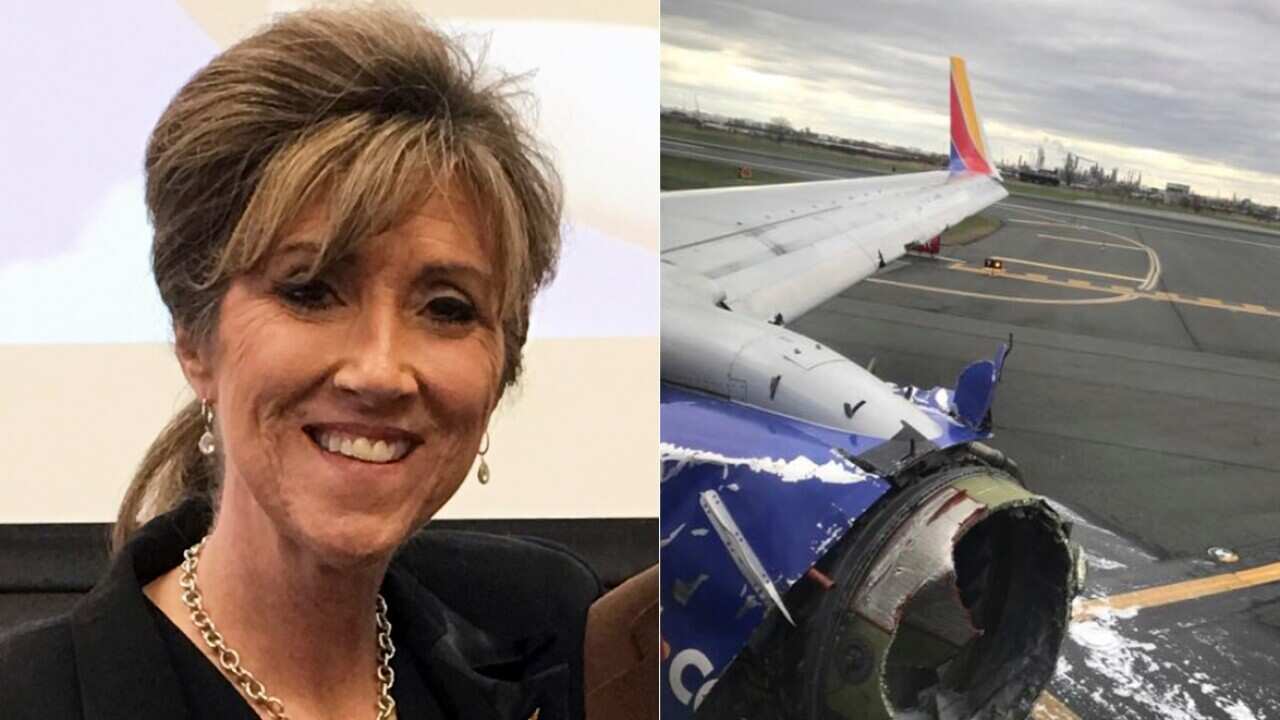 Combination image of pilot Tammie Jo Shults and the damaged Southwest Airlines plane. 
