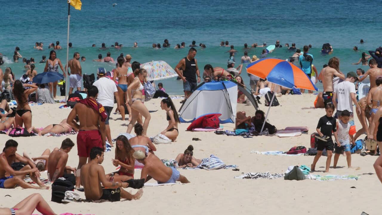 Beachgoers at Bondi Beach Sydney during the heatwave