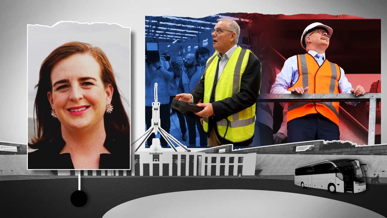 Artwork featuring a picture of a woman and (left to right) Scott Morrison in a yellow hi-vis vest and Anthony Albanese in an orange hi-vis vest.