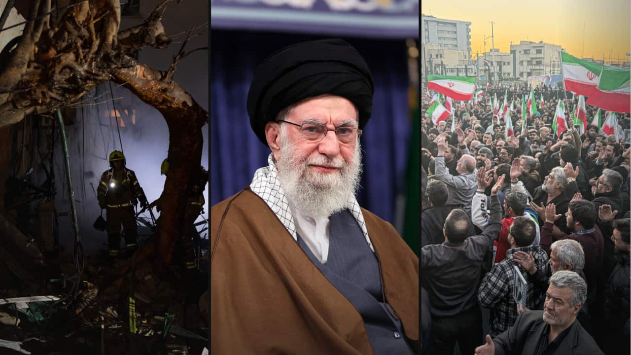 Composite image showing rescue workers at a destroyed building, a portrait of Iran's Supreme Leader Ayatollah Ali Khamenei, and a crowd waving Iranian flags.