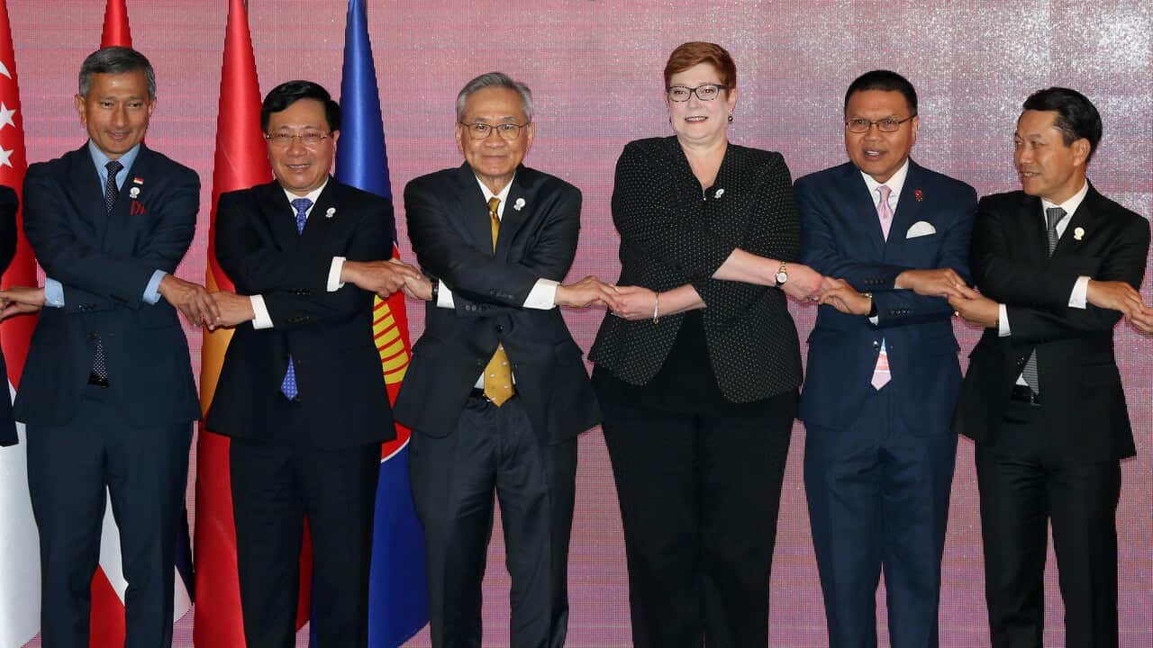 Australia's Foreign Minister Marise Payne in a group photo with her counterparts from Singapore, Vietnam and Thailand. 