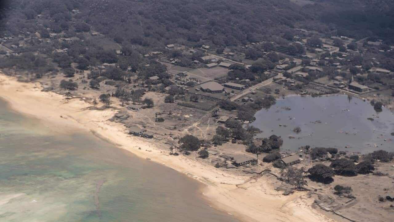 An area of Tonga with ash on the roofs of homes and surrounding vegetation