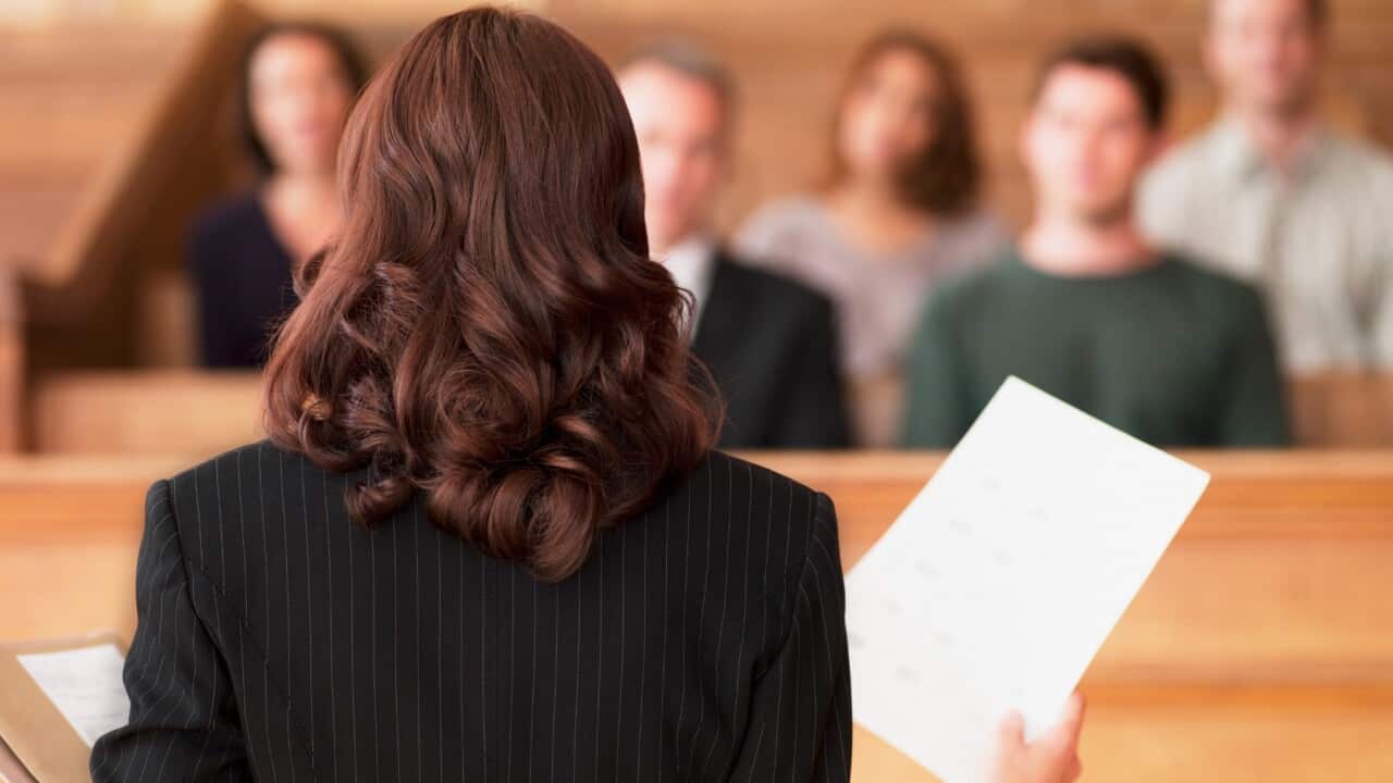 A lawyer talking to a jury. Source: Getty Images/Chris Ryan
