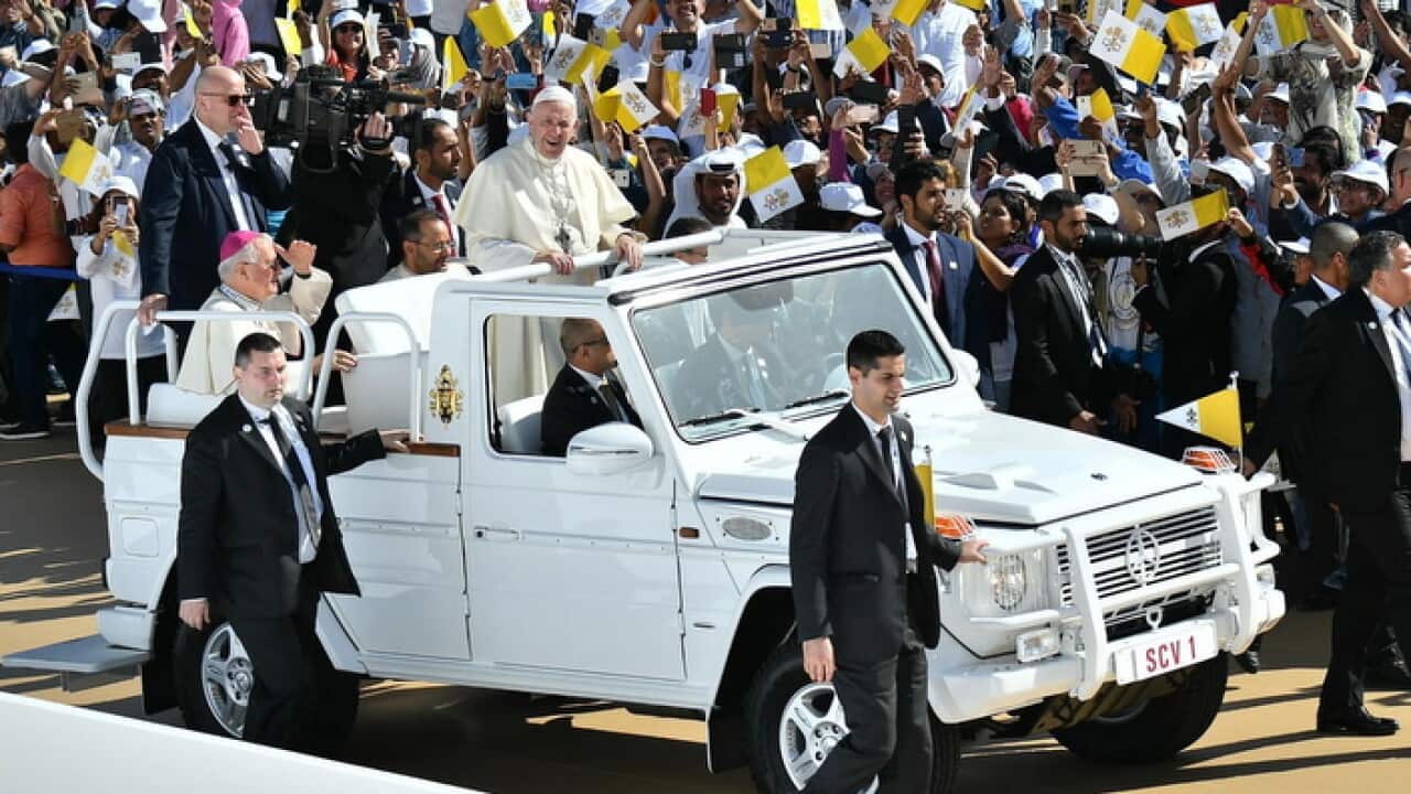 Pope Francis arrives to lead a Holy mass in Zayed Sport City Stadium, in Abu Dhabi, United Arab Emirates