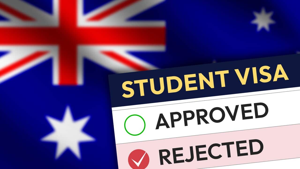 Student visa of Australia rejected status paper with flag waving in the backdrop