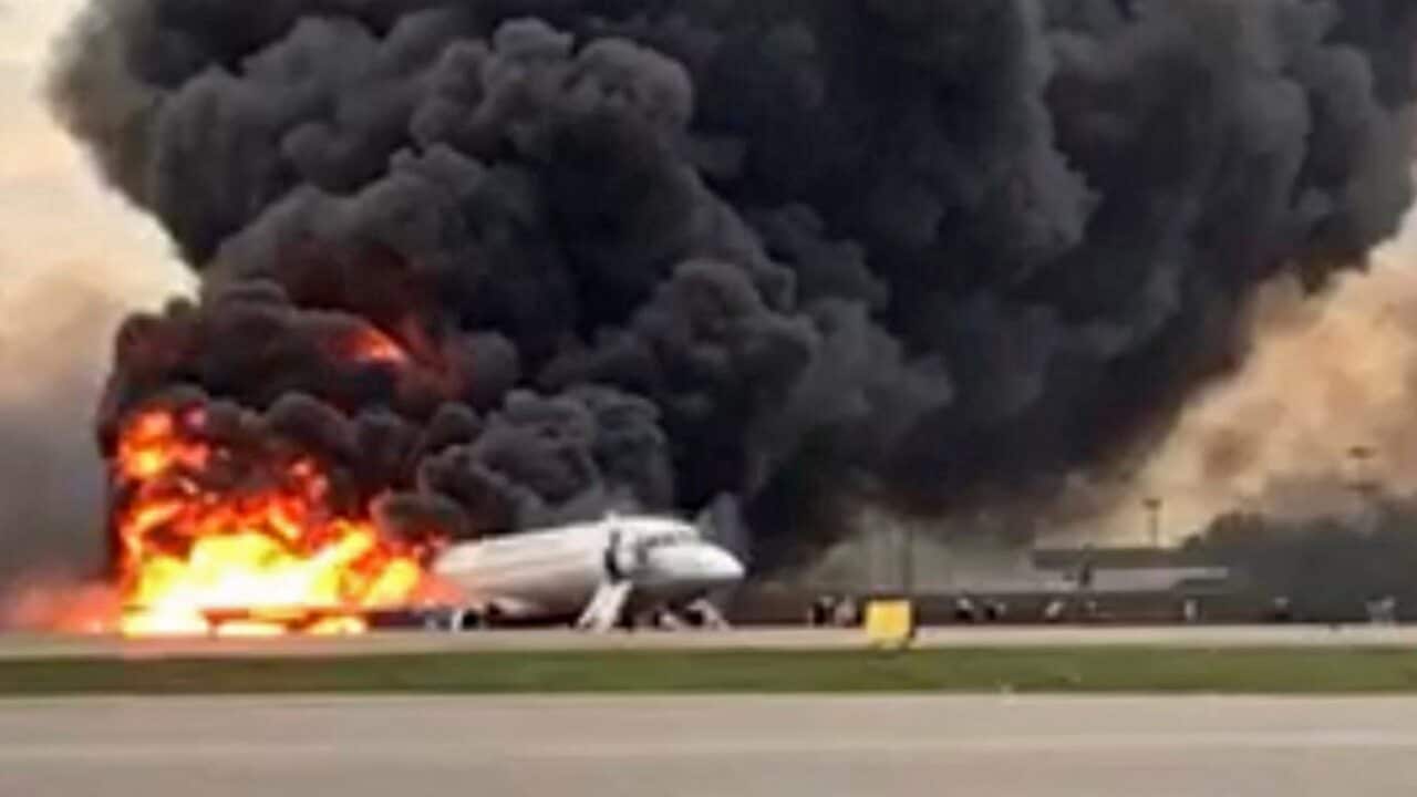 A Sukhoi Superjet 100 of Russian airline Aeroflot burning at Moscow's Sheremetyevo airport, Russia, 05 May 2019.
