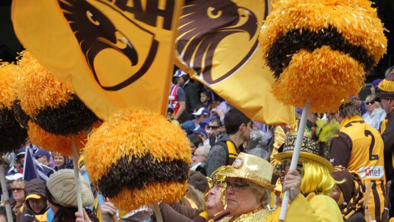 Hawthorn players celebrate winning the 2013 premiership