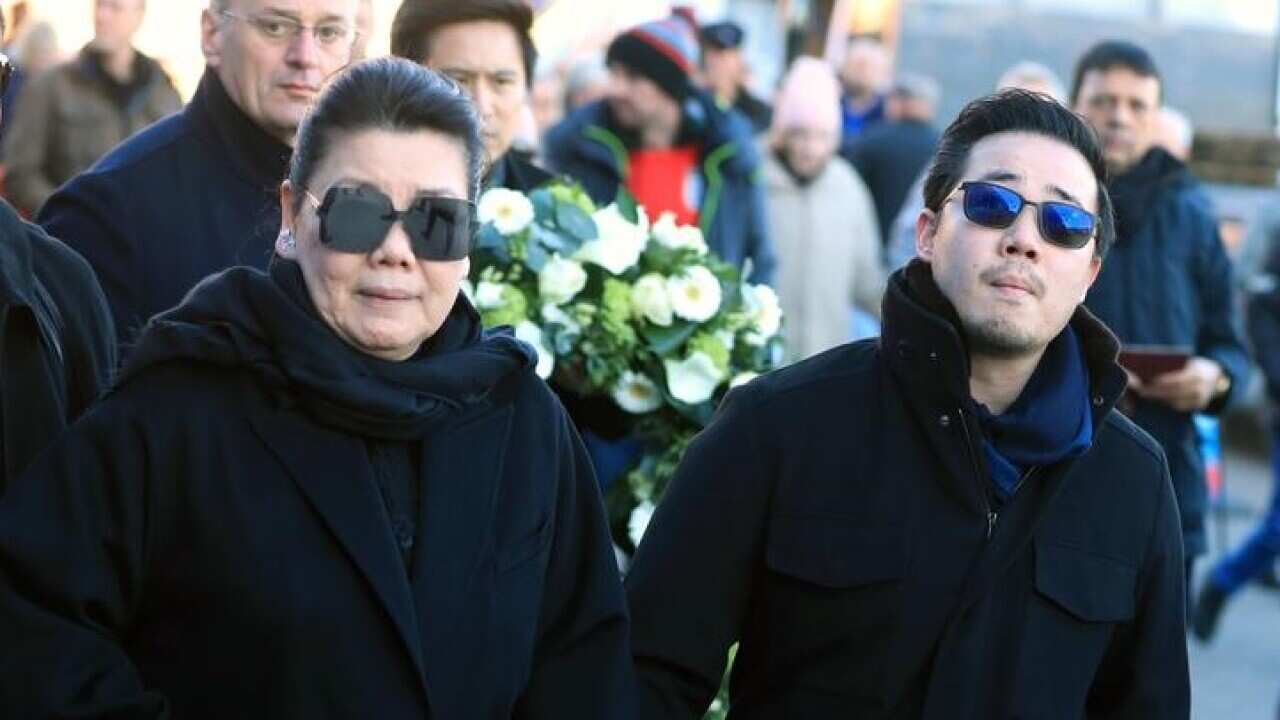 The wife and son of Leicester Club owner Vichai Srivaddhanaprabha laid a wreath at the stadium.