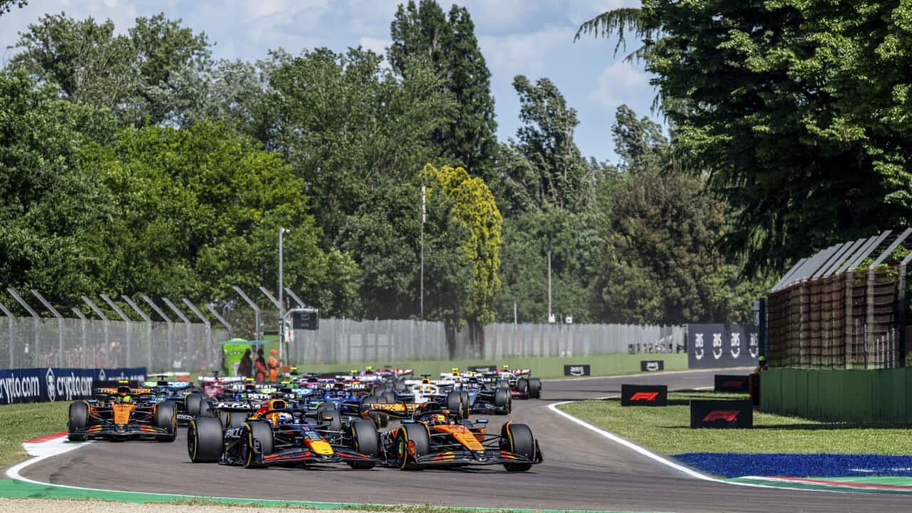 Australia's Oscar Piastri (81) from McLaren F1 Team competes with Max Verstapen (Red Bull) during the Emilia Romagna Grand Prix 2025 at Imola