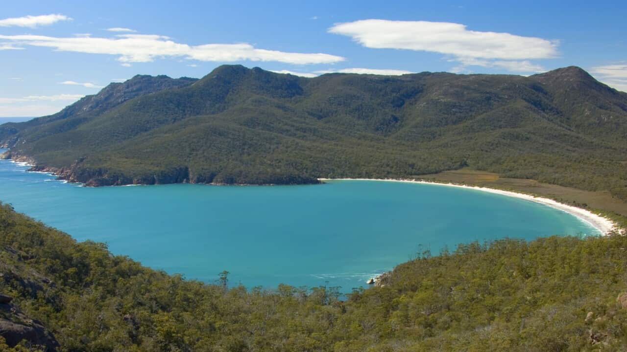 Wineglass Bay - and surrounding mountains seen from