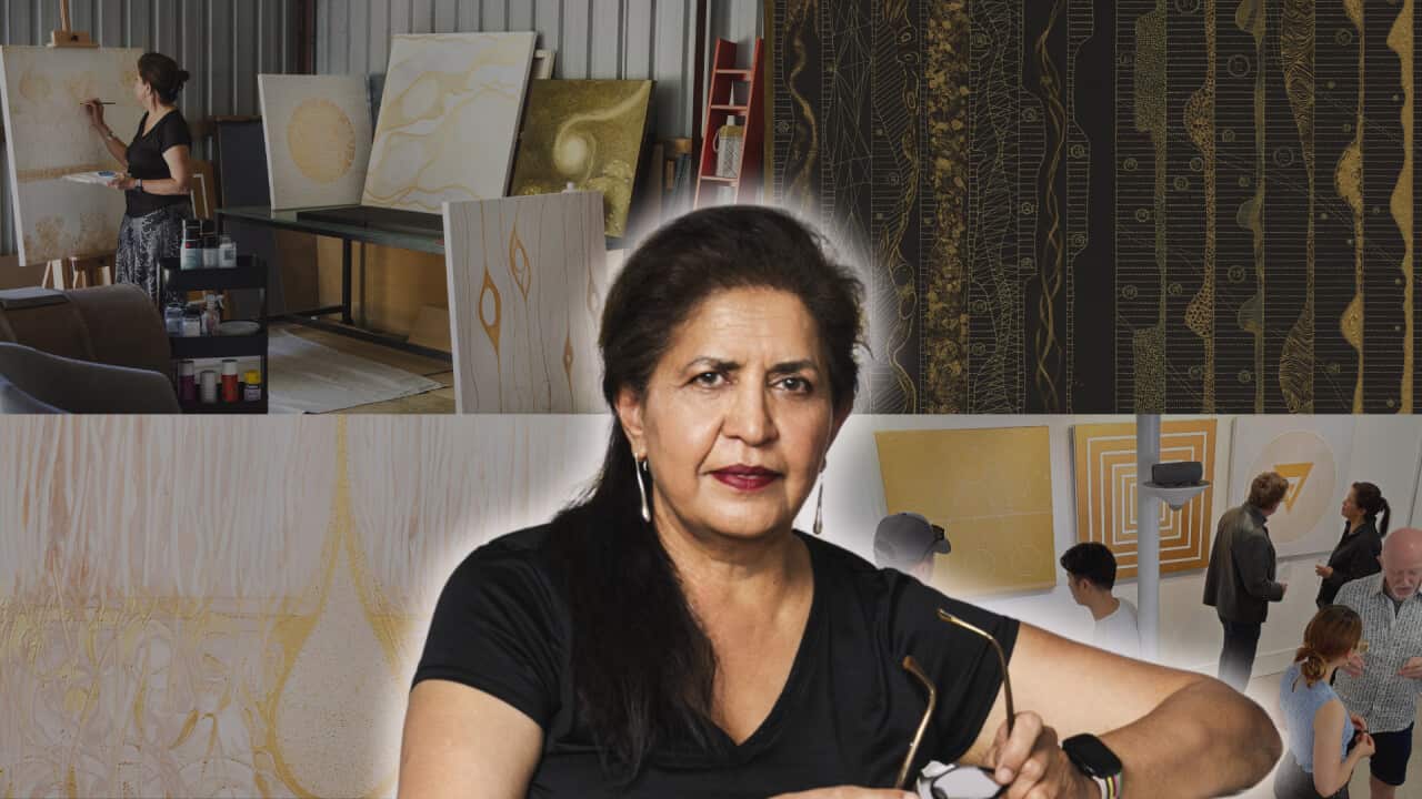 A collage with architect and artist Dr Harpreet Neena Mand, the background showcases her paintings from her exhibition Primordial Pulse.
