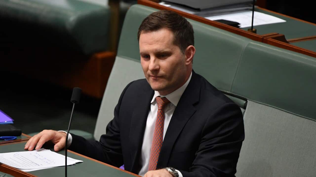Minister for Immigration Alex Hawke during Question Time in the House of Representatives at Parliament House in Canberra, Monday, February 14, 2022. (AAP Image/Mick Tsikas) NO ARCHIVING