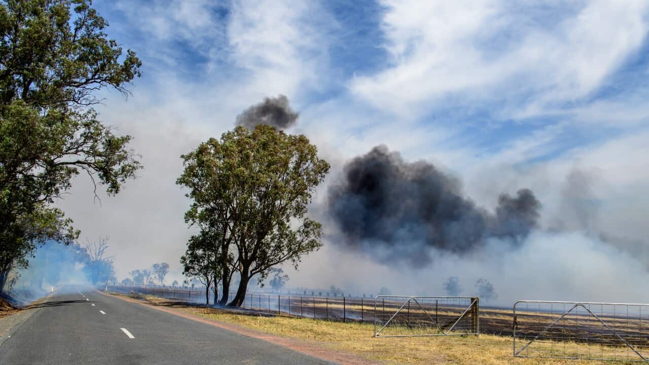 Smoke rises from paddocks as the fire jumps roads near Lockwood, Victoria, as bushfires continue to burn under extreme weather conditions on January 9, 2026.