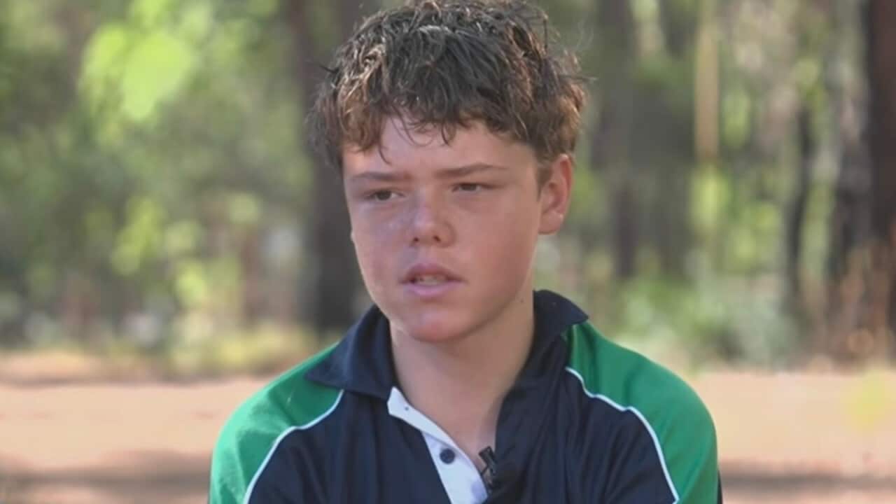 A boy with short brown hair, wearing a green and blue polo shirt. He is outside.