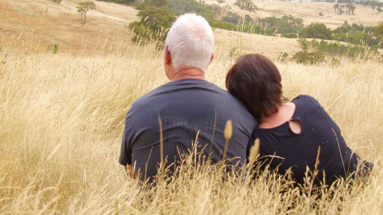 Rear view of elderly couple sitting in grass and looking over sloping paddocks