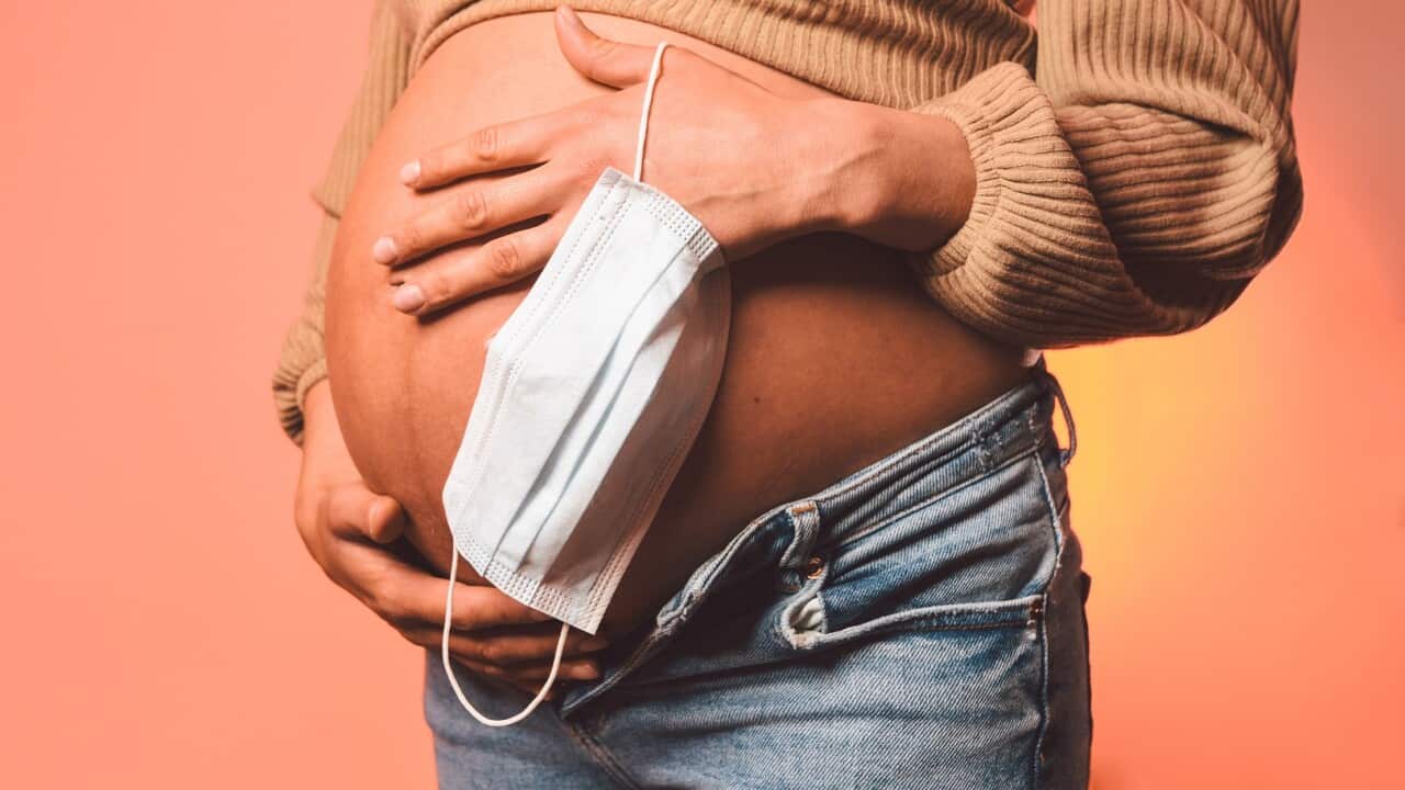 A pregnant woman holds a face mask.