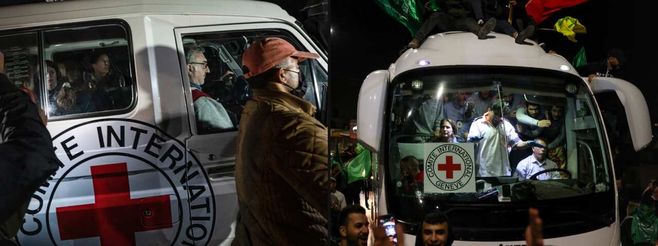 A split image. On the left is a Red Cross vehicle carrying Israeli hostages. On the right is a picture of bus carrying Palestinian prisoners released from Israeli jails.