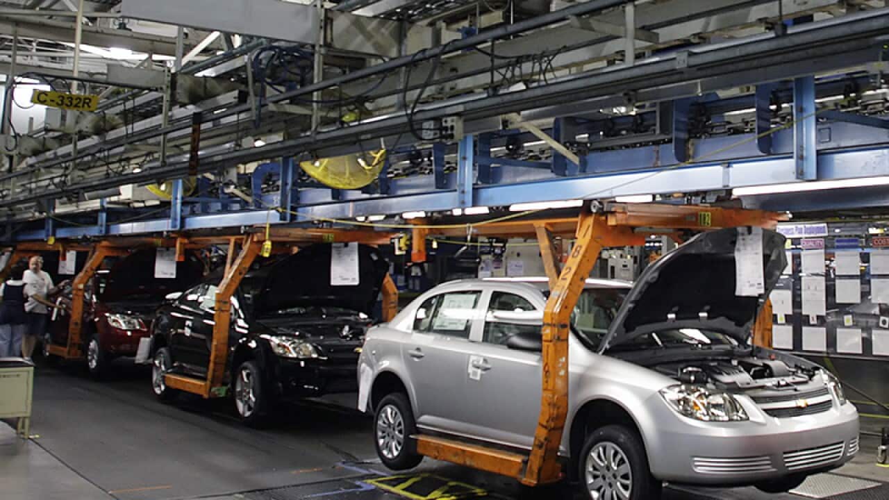 Chevy Cobalt vehicles on an assembly line in Lordstown