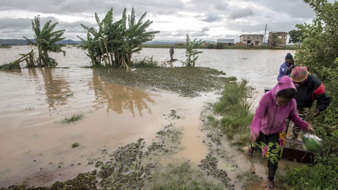Workers take a makeshift boat to cross flooded vegetable gardens