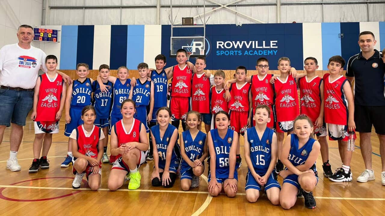 Mixed kids teams from White Eagles Melbourne and Obilic Sydney pose for a photo before their game at 2023 Draza Mihailovic Cup in Melborune